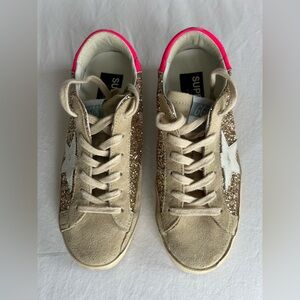 Golden Goose Beige Sneakers with Gold Glitter and Pink Heel